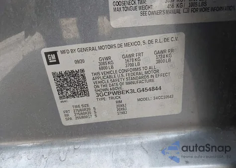 2020 Chevrolet Silverado 1500 2Wd Short Bed Custom from USA, damaged, VIN 3GCPWBEK3LG454844